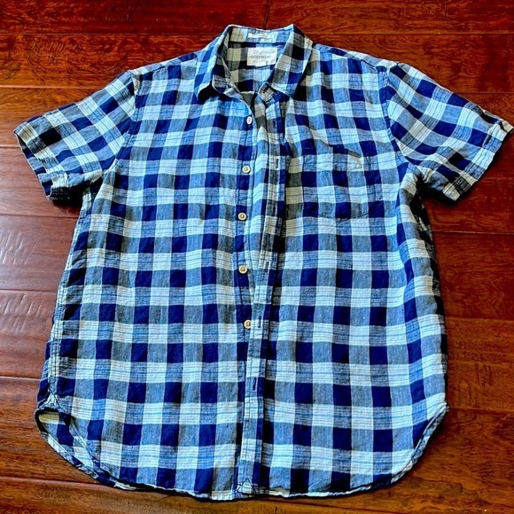 Lucky brand short sleeve button down 100% linen blue plaid navy/ light blue